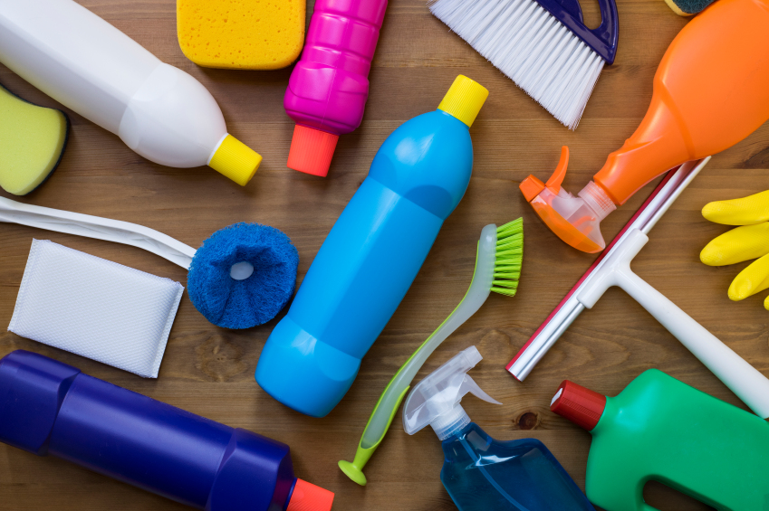 House cleaning product on wood table